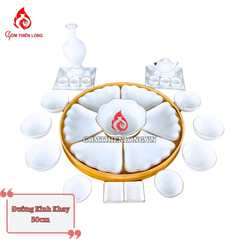Bộ Bát Đĩa Hoa Mặt Trời Men Trắng Viền Vàng 24k 240102