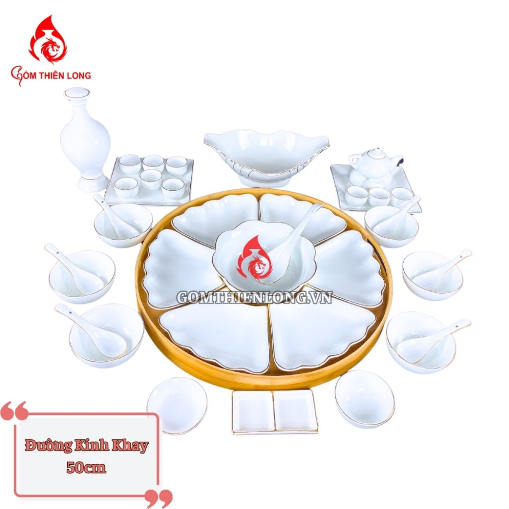 Bộ Bát Đĩa Hoa Mặt Trời Men Trắng Viền Vàng 24k 240102