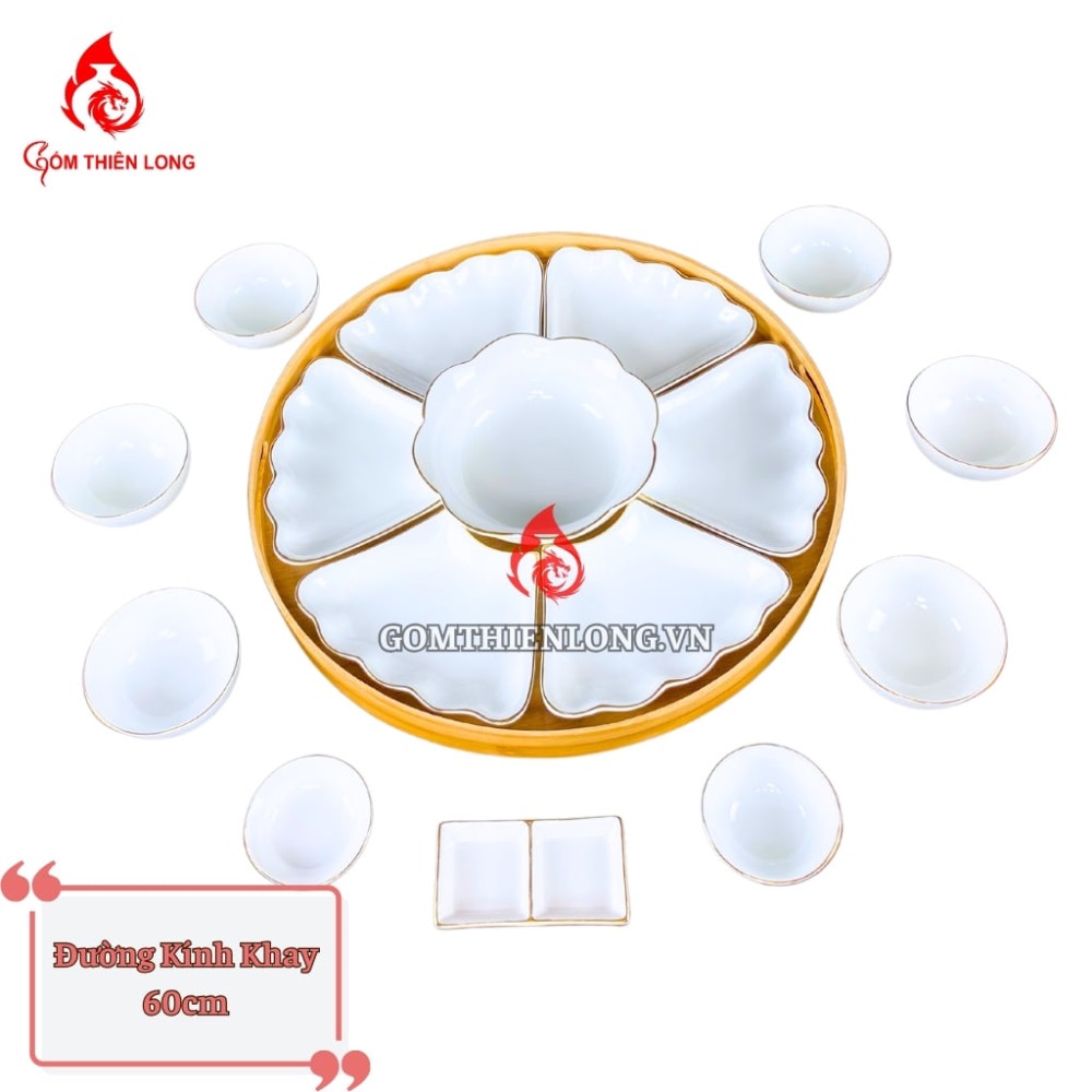 Bộ Bát Đĩa Hoa Mặt Trời Men Trắng Viền Vàng 24k 240102