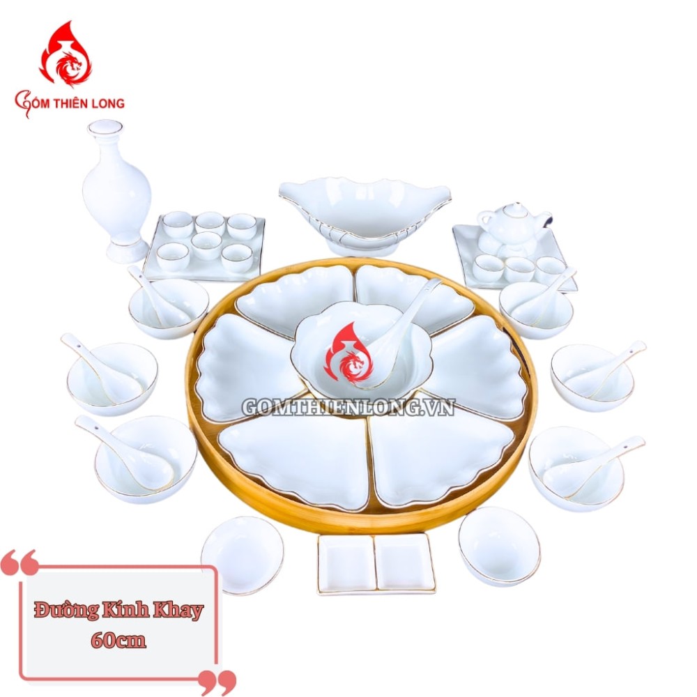 Bộ Bát Đĩa Hoa Mặt Trời Men Trắng Viền Vàng 24k 240102