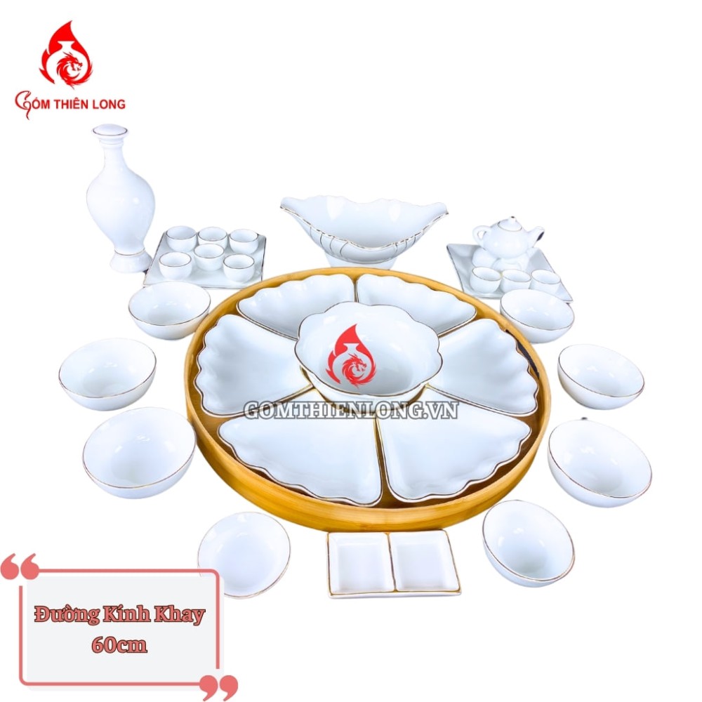 Bộ Bát Đĩa Hoa Mặt Trời Men Trắng Viền Vàng 24k 240102