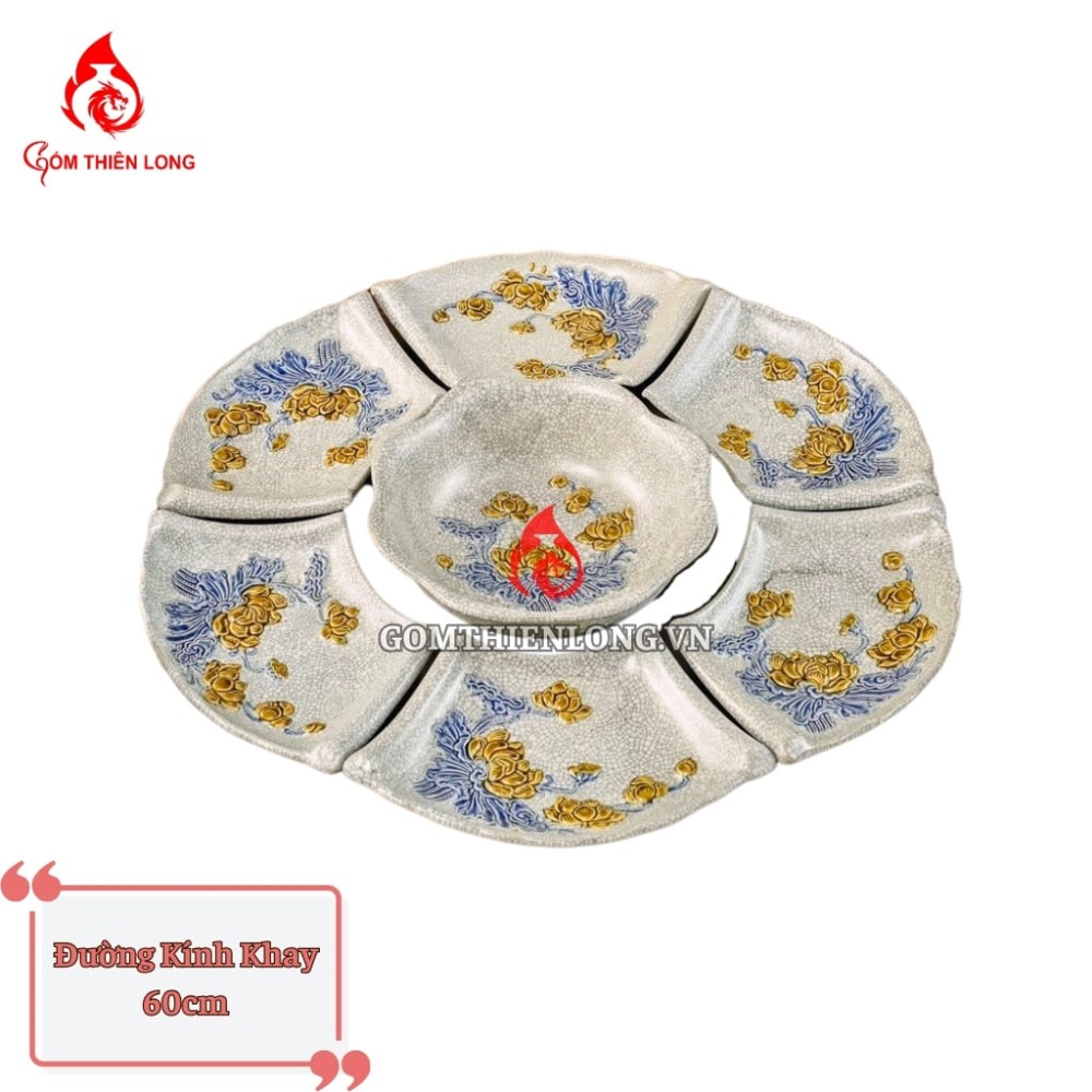 Bộ Bát Đĩa Hoa Mặt Trời Men Rạn Đắp Nổi Hoa Sen 240106