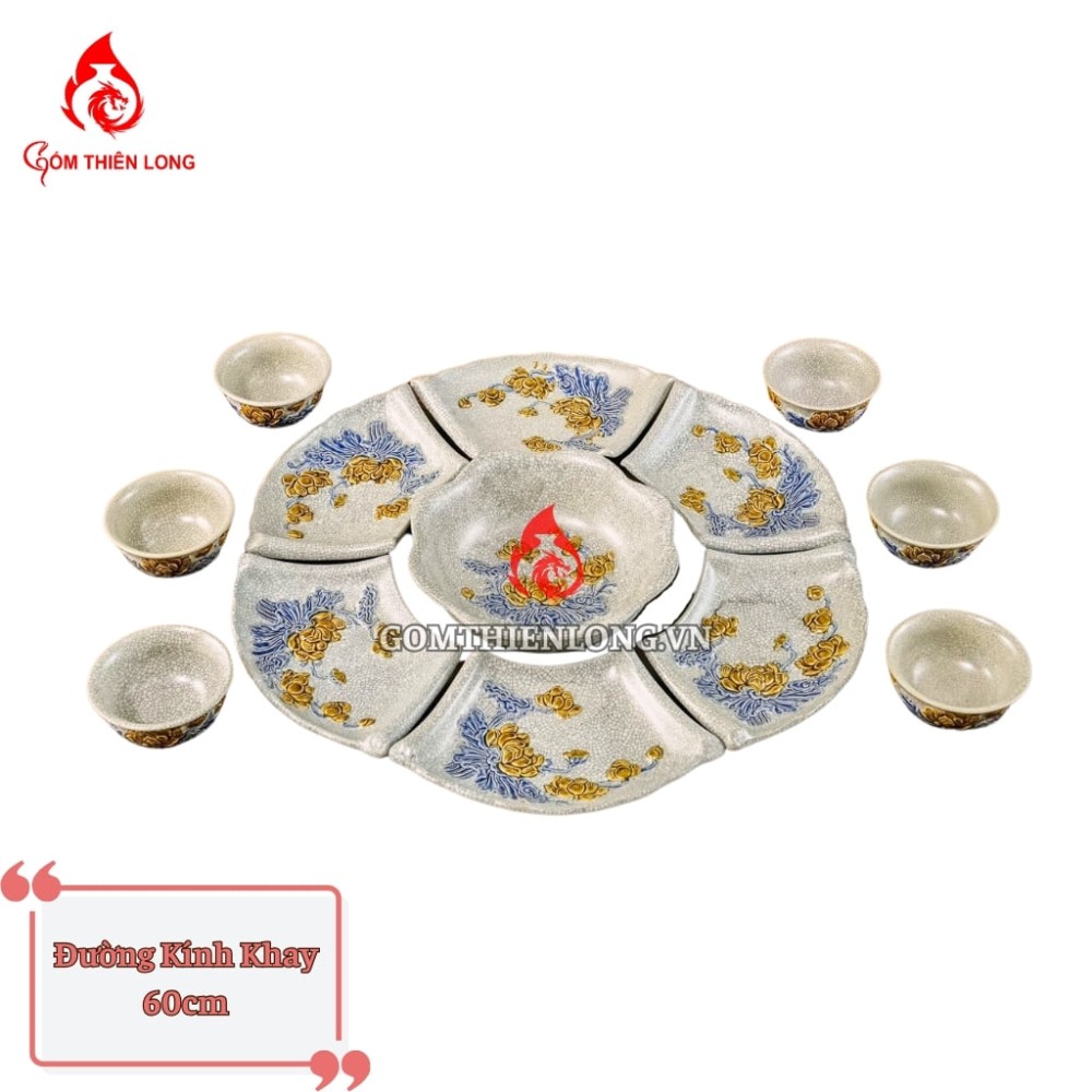 Bộ Bát Đĩa Hoa Mặt Trời Men Rạn Đắp Nổi Hoa Sen 240106