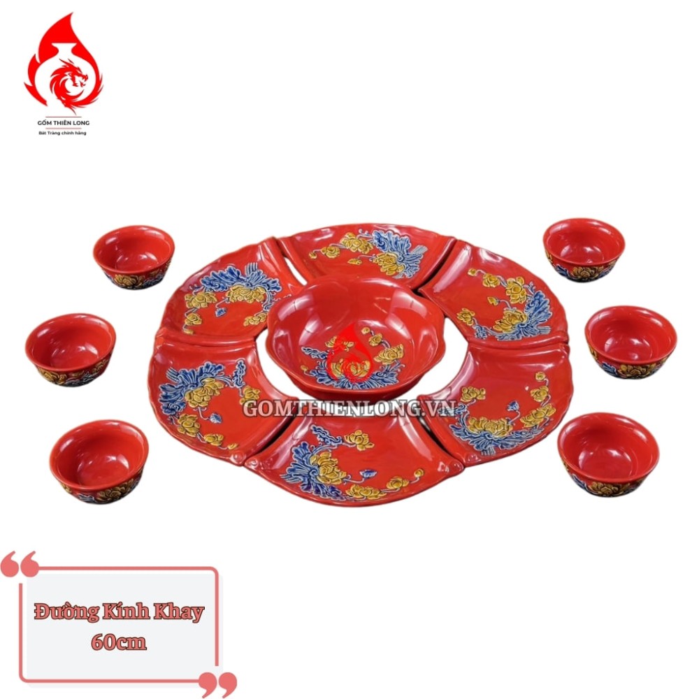 Bộ Bát Đĩa Hoa Mặt Trời Men Màu Đỏ Đắp Nổi Hoa Sen 240107