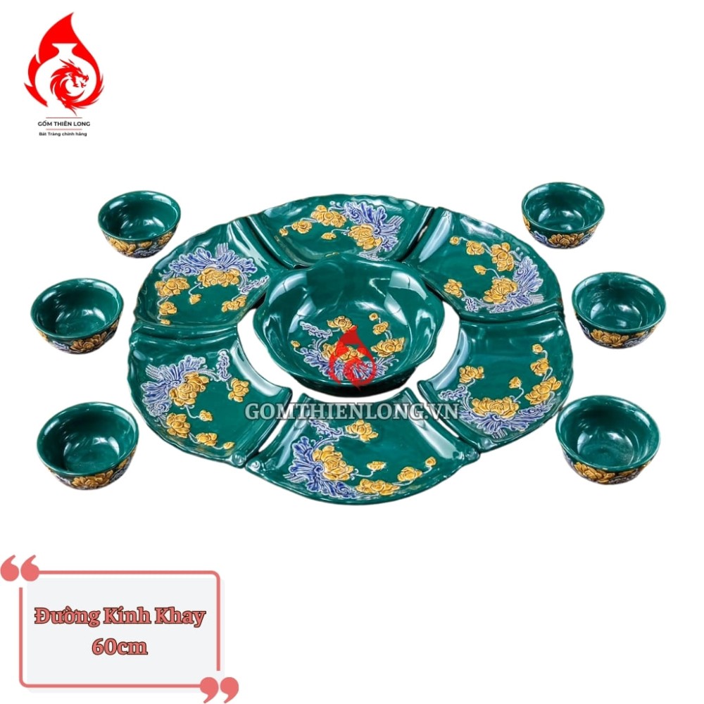 Bộ Bát Đĩa Hoa Mặt Trời Men Xanh Lục Bảo Đắp Nổi 240108