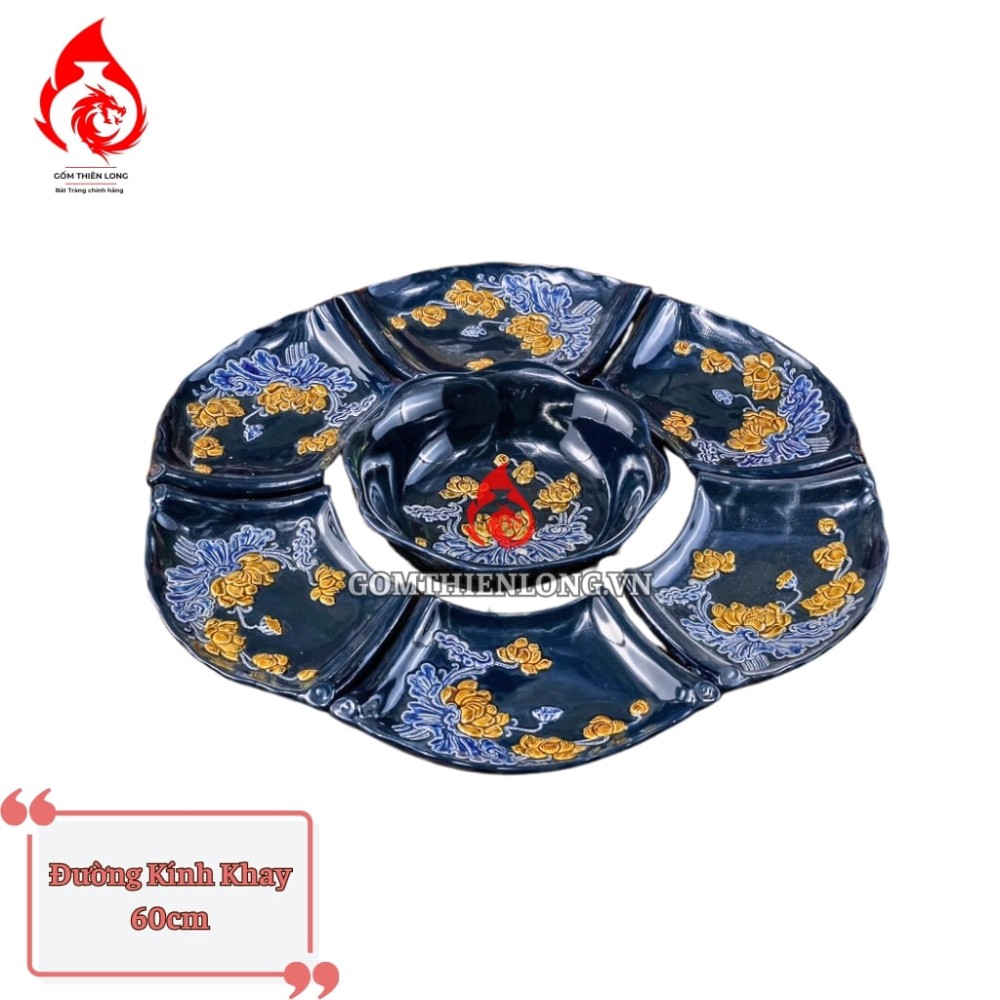 Bộ Bát Đĩa Hoa Mặt Trời Men Xanh Tím Coban Đắp Nổi 240109