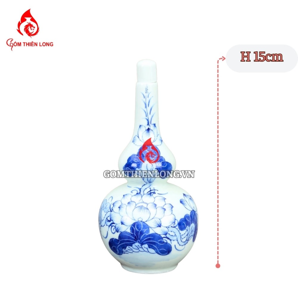 Nậm Rượu Thờ Bát Tràng Men Xanh Lam Vẽ Hoa Sen 240123