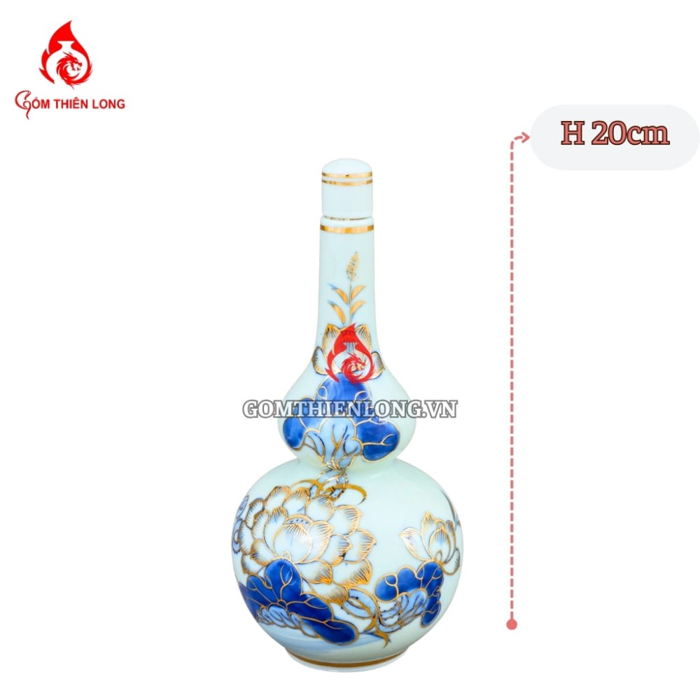 Nậm Rượu Thờ Bát Tràng Men Lam Vẽ Vàng Hoa Sen 240125