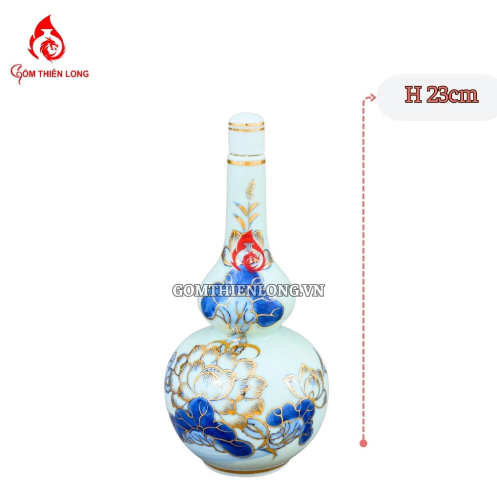 Nậm Rượu Thờ Bát Tràng Men Lam Vẽ Vàng Hoa Sen 240125