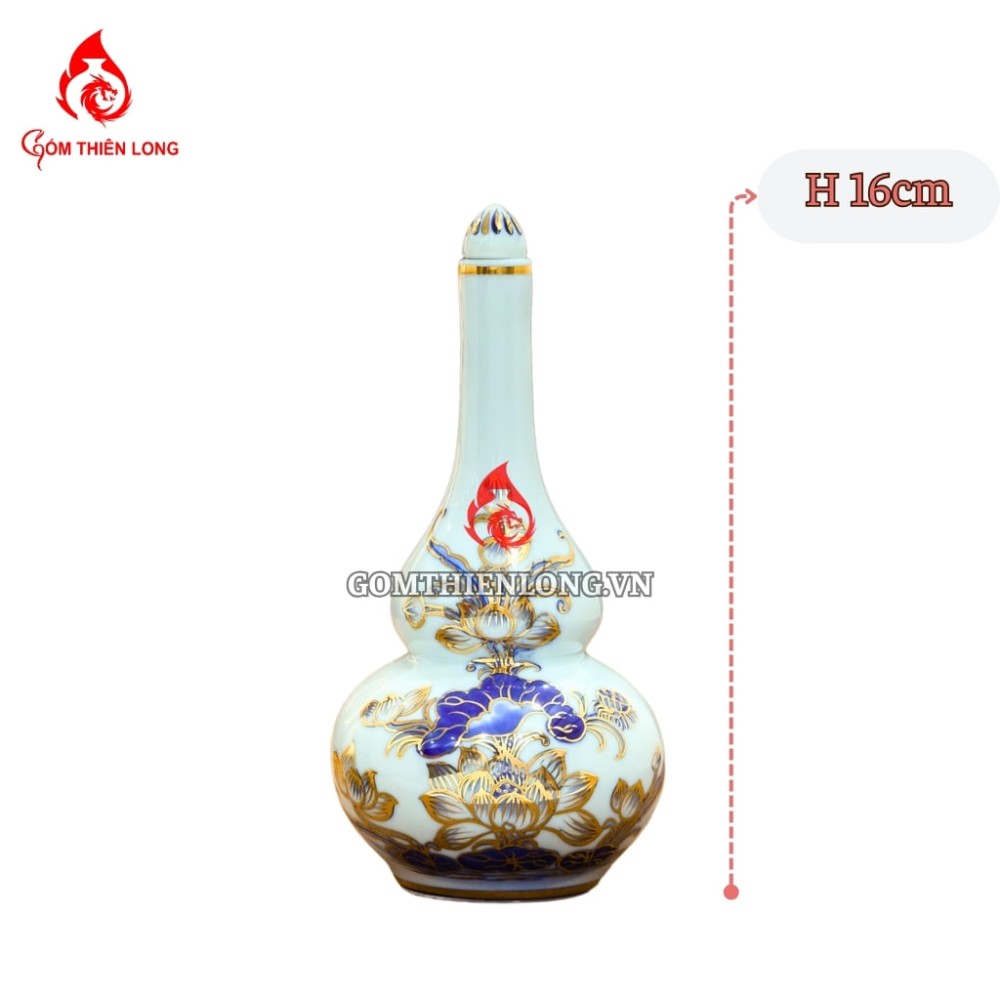 Nậm Rượu Thờ Bát Tràng Men Lam Cổ Vẽ Vàng 240126