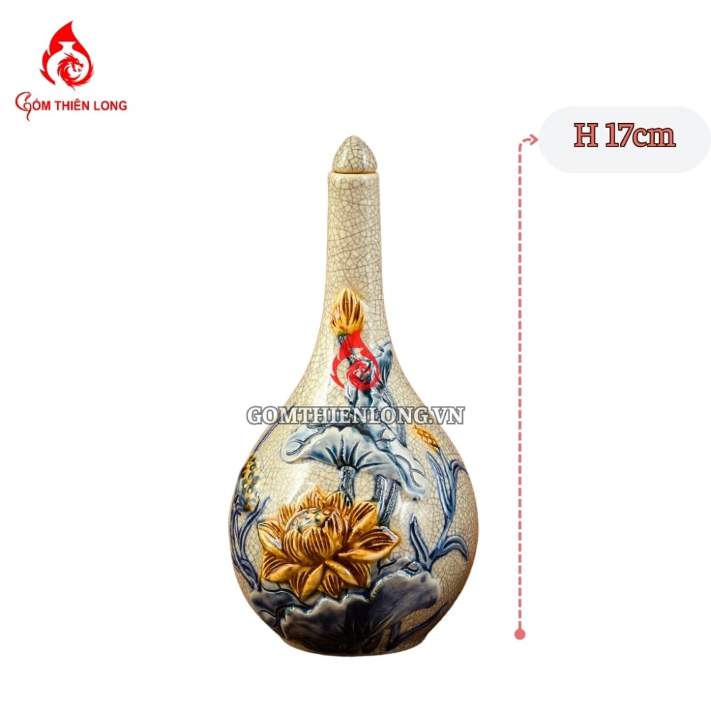 Nậm Rượu Thờ Bát Tràng Men Rạn Đắp Nổi Hoa Sen 240129