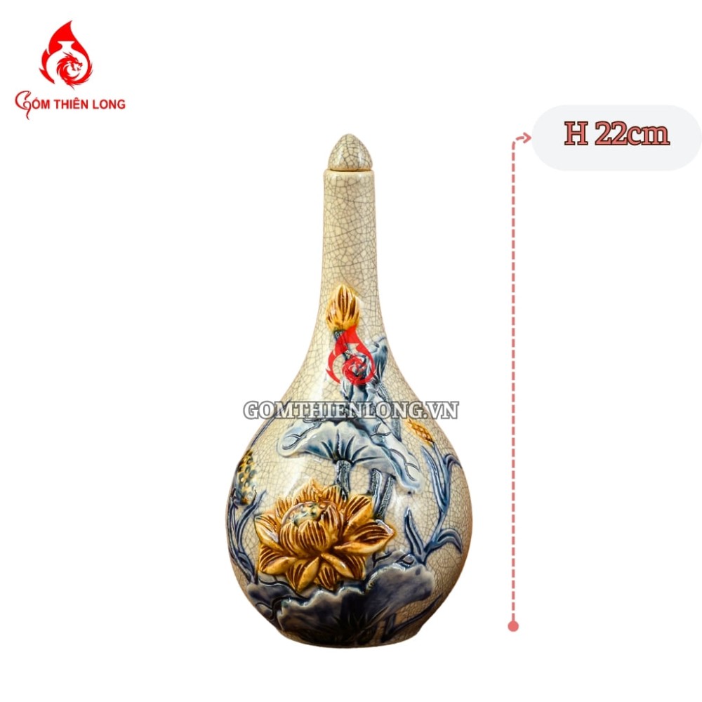 Nậm Rượu Thờ Bát Tràng Men Rạn Đắp Nổi Hoa Sen 240129