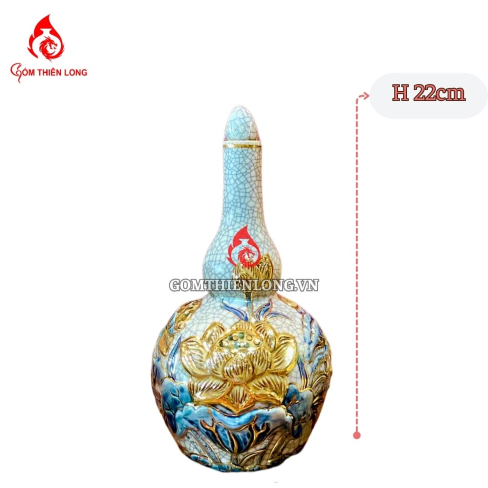 Nậm Rượu Thờ Bát Tràng Men Rạn Vẽ Vàng Hoa Sen 240134
