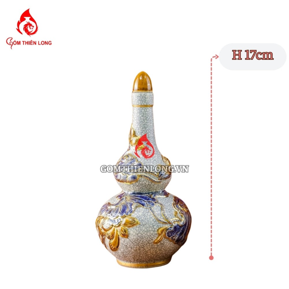 Nậm Rượu Thờ Bát Tràng Men Rạn Vẽ Vàng Hoa Sen 240145