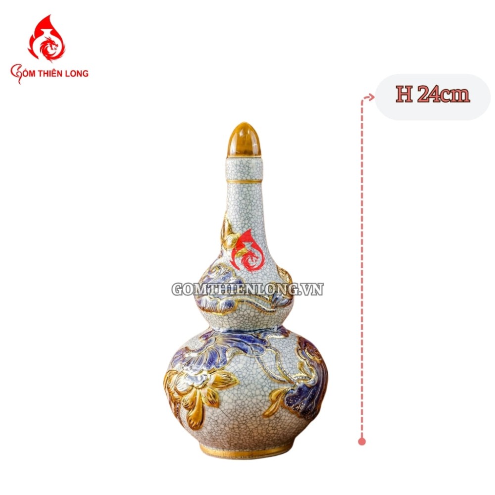 Nậm Rượu Thờ Bát Tràng Men Rạn Vẽ Vàng Hoa Sen 240145