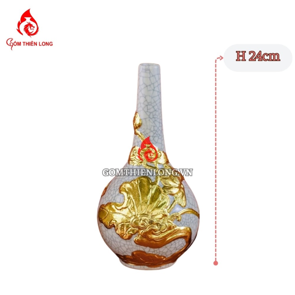 Nậm Rượu Thờ Bát Tràng Men Rạn Dát Vàng Hoa Sen 240146