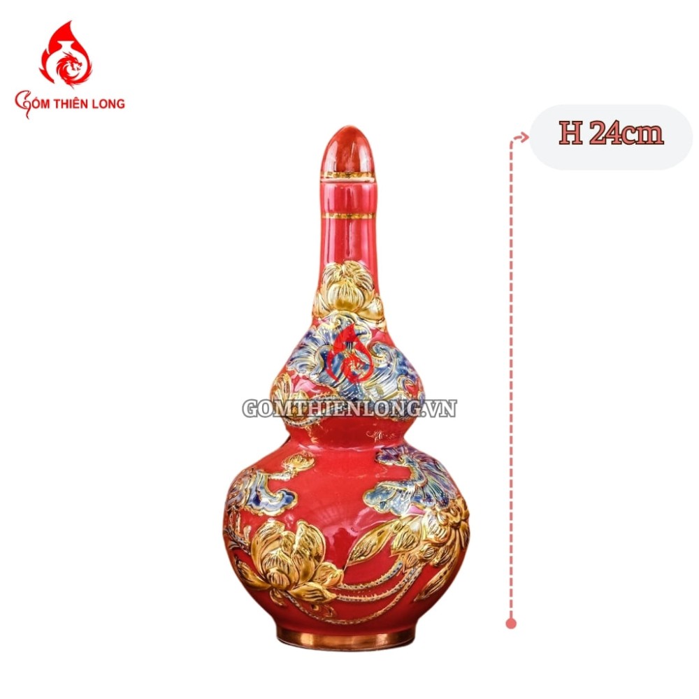 Nậm Rượu Thờ Bát Tràng Men Màu Đỏ Vẽ Vàng 240149