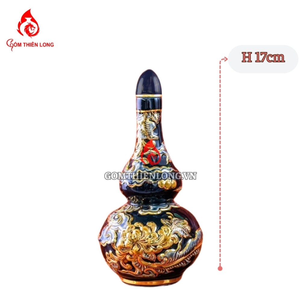 Nậm Rượu Thờ Bát Tràng Men Xanh Tím Coban Vẽ Vàng 240152