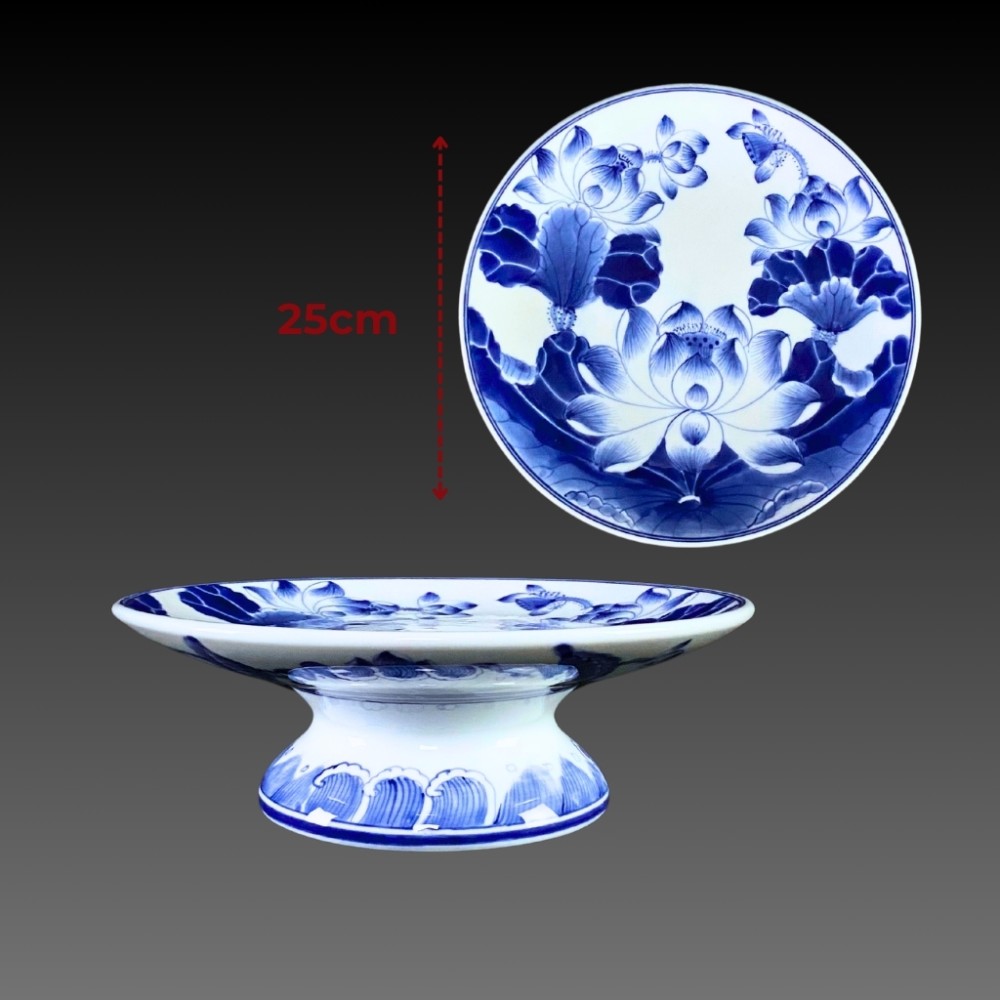 Bộ Đồ Thờ Bát Tràng Men Lam Huế Vẽ Hoa Sen 240801