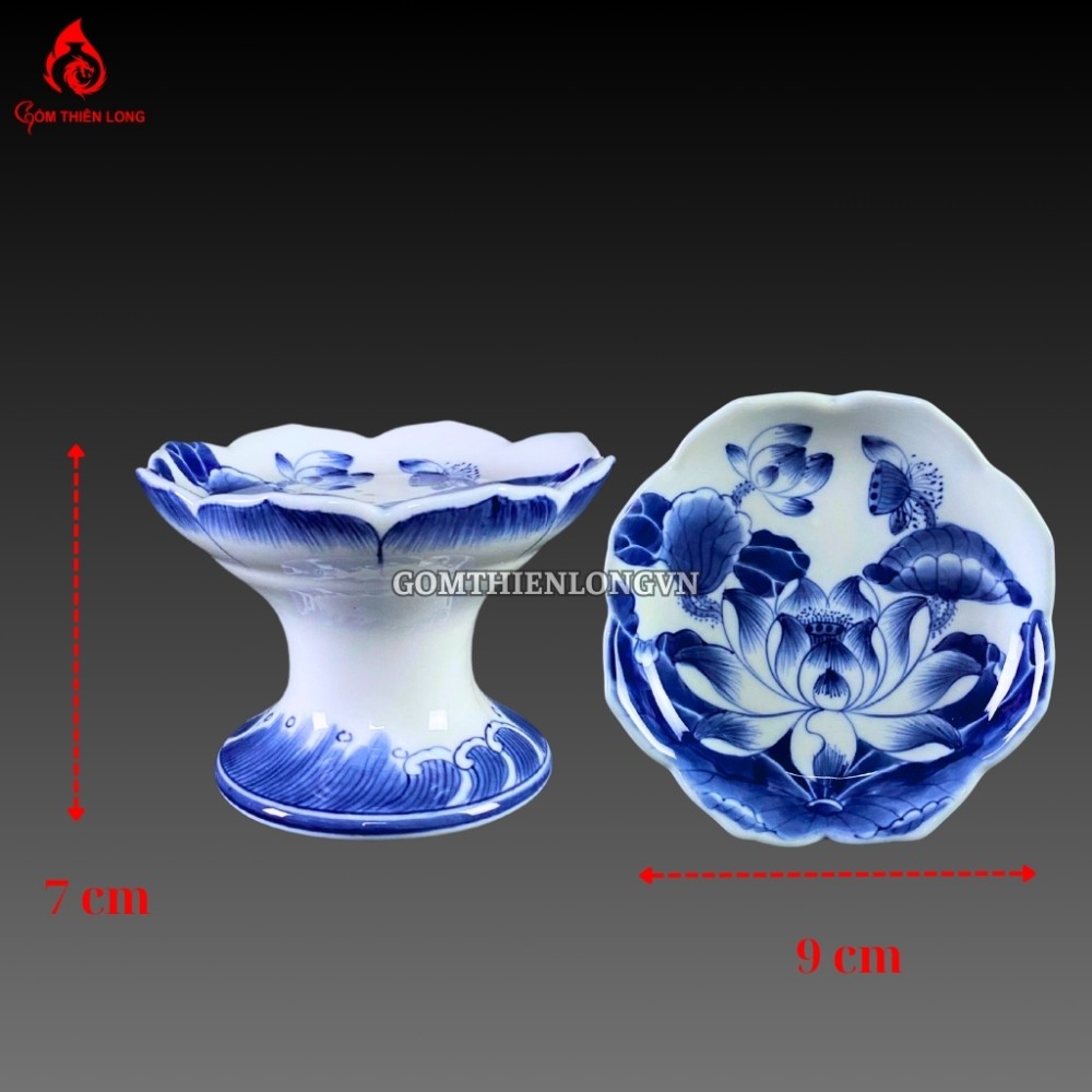 Bộ Đồ Thờ Bát Tràng Men Lam Huế Vẽ Hoa Sen 240801