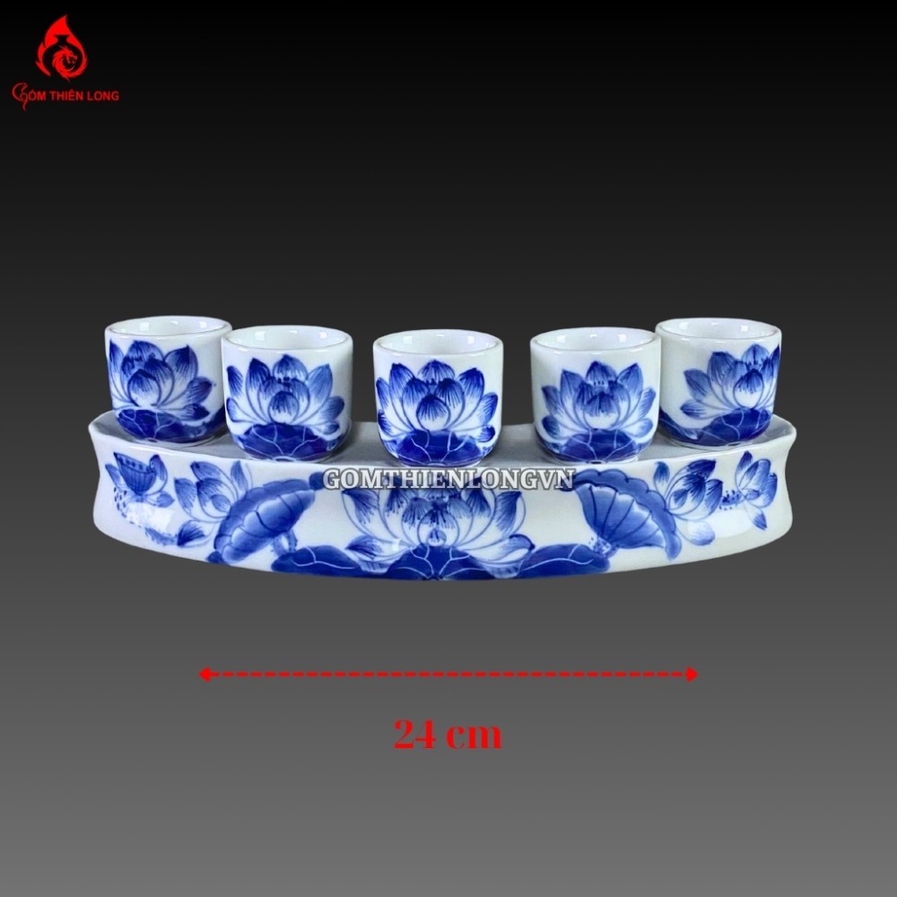 Bộ Đồ Thờ Bát Tràng Men Lam Huế Vẽ Hoa Sen 240801