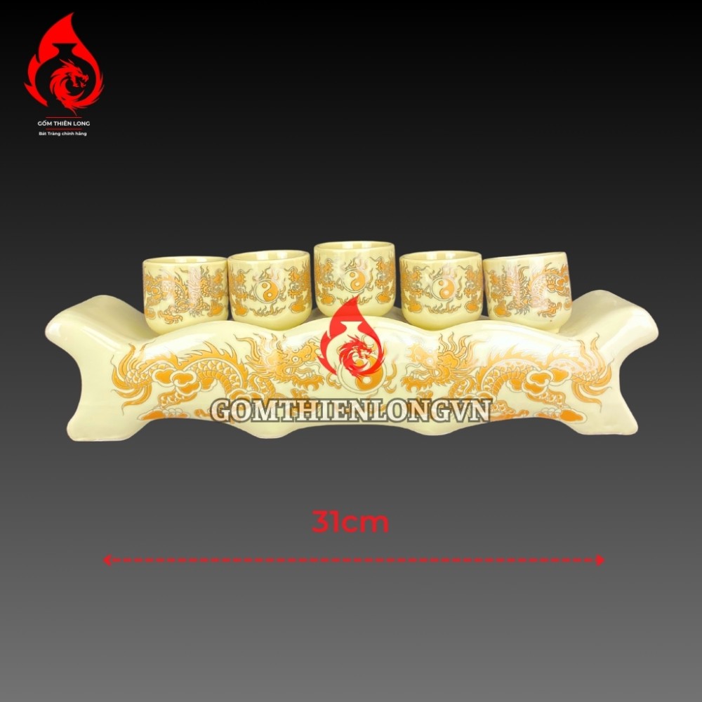 Bộ Đồ Thờ Bát Tràng Men Vàng Kem Vẽ Ánh Kim 241104