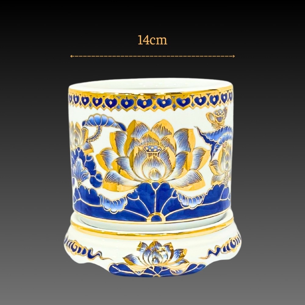 Bộ Bát Hương Vẽ Vàng 24k Men Lam Vẽ Sen Bát Tràng Cao Cấp 241106