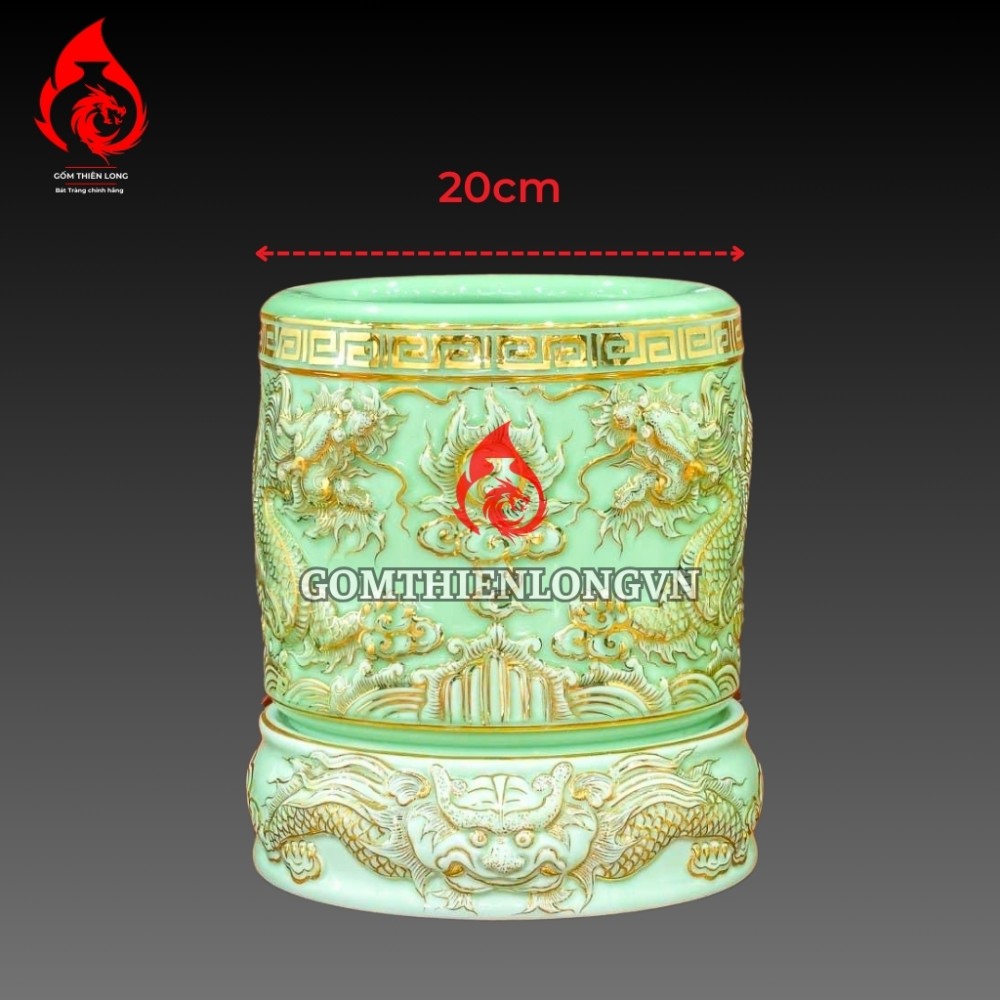 Bộ Bát Hương Bát Tràng Men Xanh Ngọc Bích Vẽ Vàng 241108