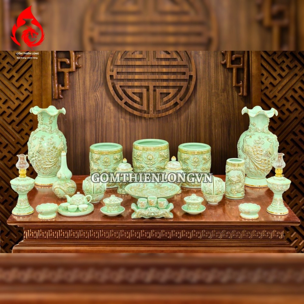 Bát Hương Bát Tràng Men Xanh Ngọc Bích Vẽ Vàng 241107