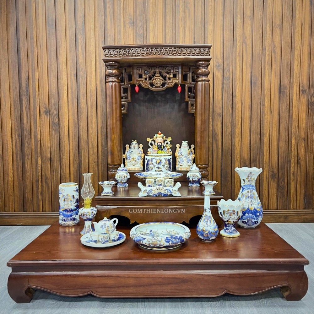 Trọn Bộ Đồ Thờ Thần Tài Vẽ Vàng 24k Men Lam Bát Tràng Cao Cấp 252602