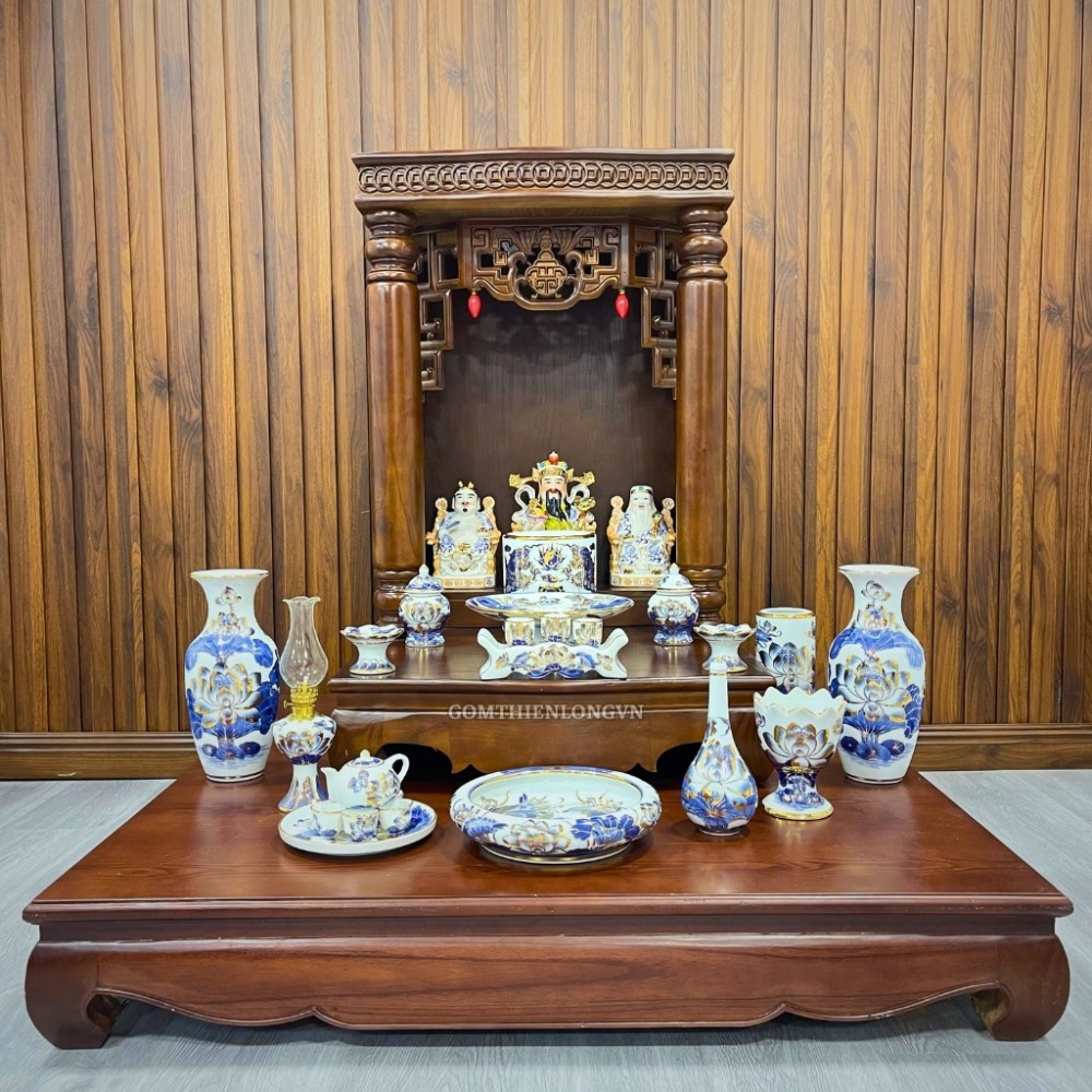 Trọn Bộ Đồ Thờ Thần Tài Vẽ Vàng 24k Men Lam Bát Tràng Cao Cấp 252602