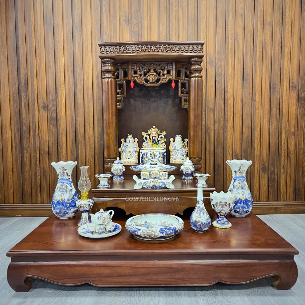 Trọn Bộ Đồ Thờ Thần Tài Vẽ Vàng 24k Men Lam Bát Tràng Cao Cấp 252602