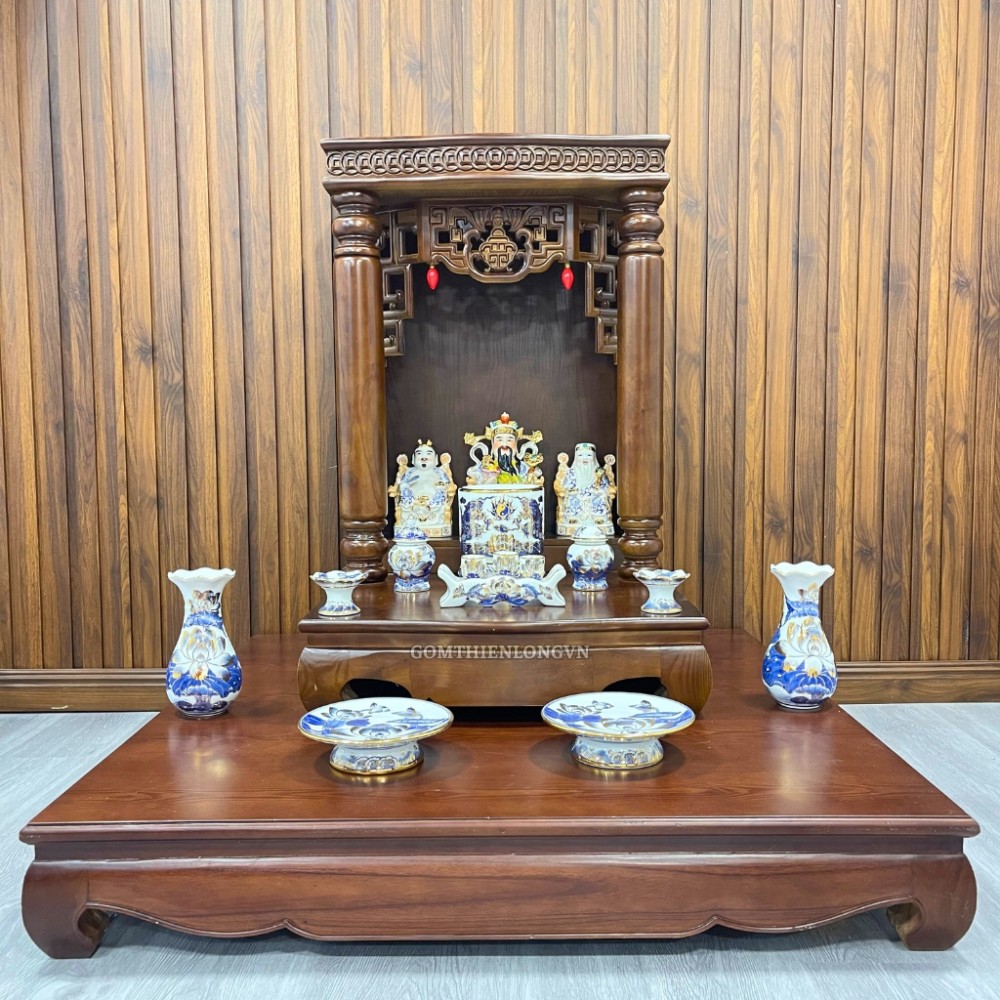 Trọn Bộ Đồ Thờ Thần Tài Vẽ Vàng 24k Men Lam Bát Tràng Cao Cấp 252602