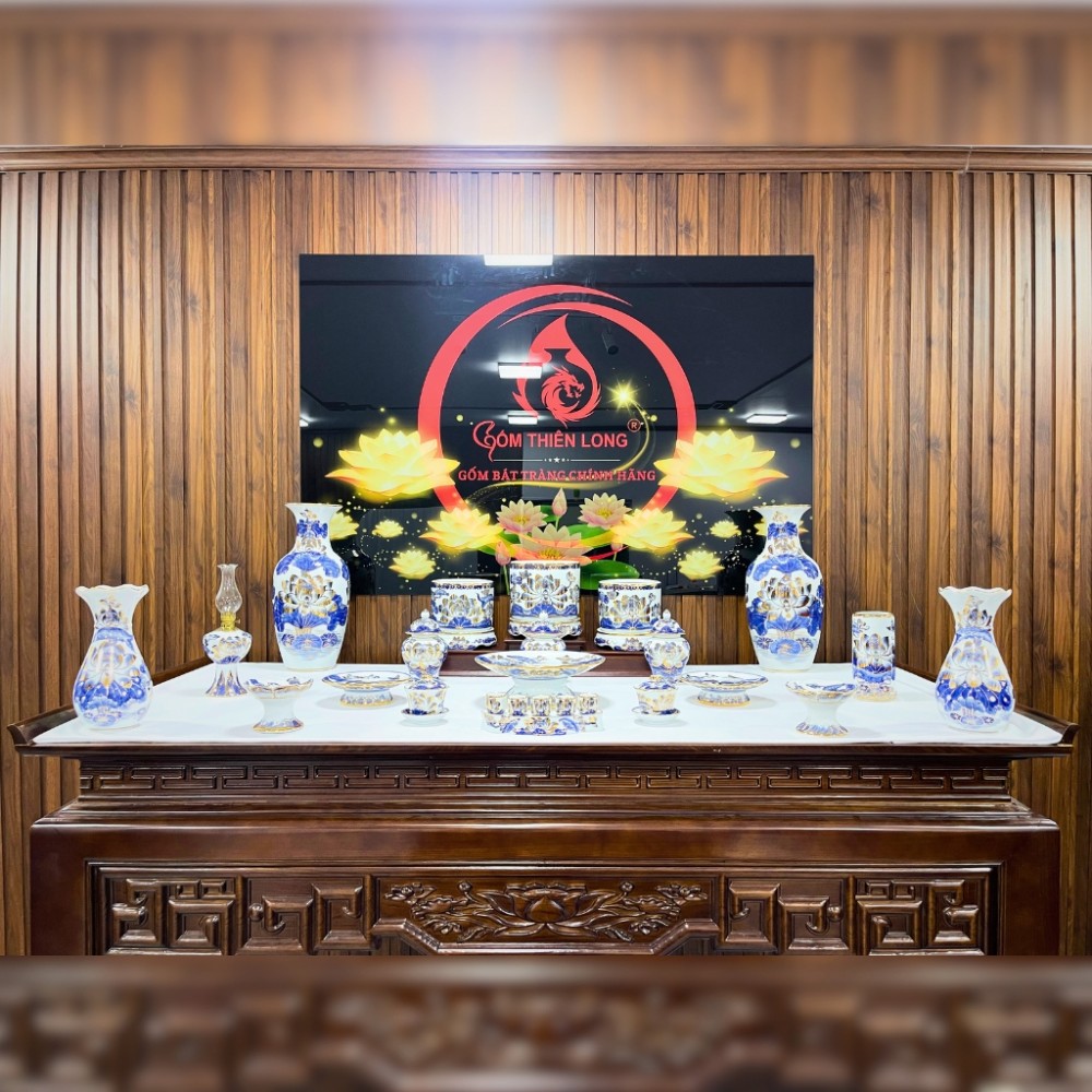 Bộ Bát Hương Vẽ Vàng 24k Men Lam Vẽ Sen Bát Tràng Cao Cấp 241106