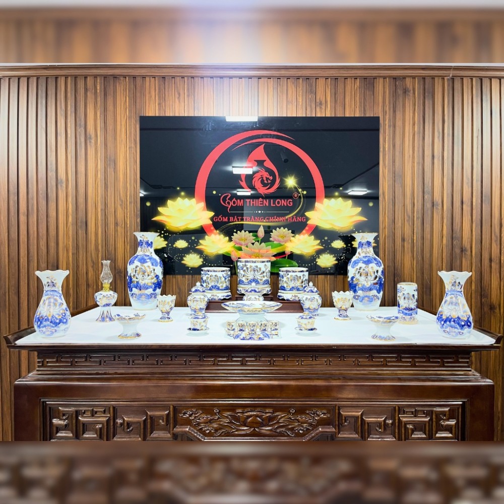 Bộ Bát Hương Vẽ Vàng 24k Men Lam Vẽ Sen Bát Tràng Cao Cấp 241106