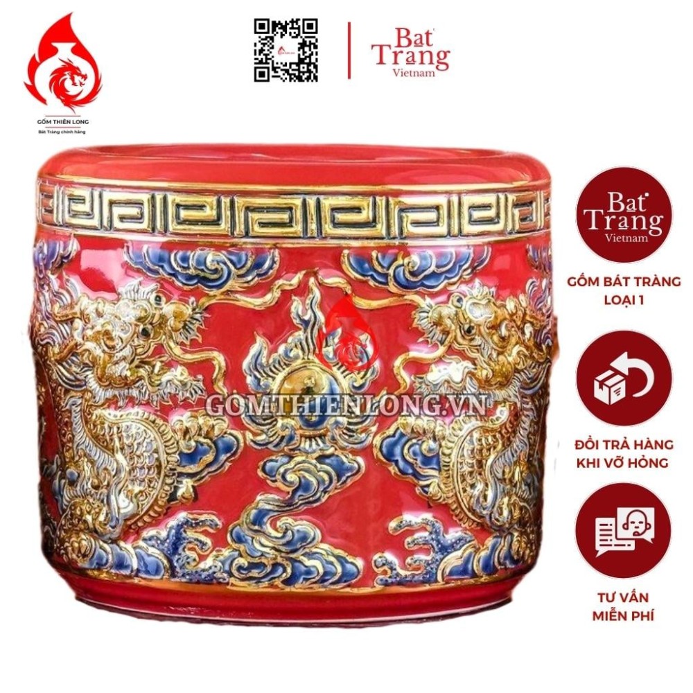 Bát Hương Vẽ Vàng Màu Đỏ Đắp Nổi Rồng 231015