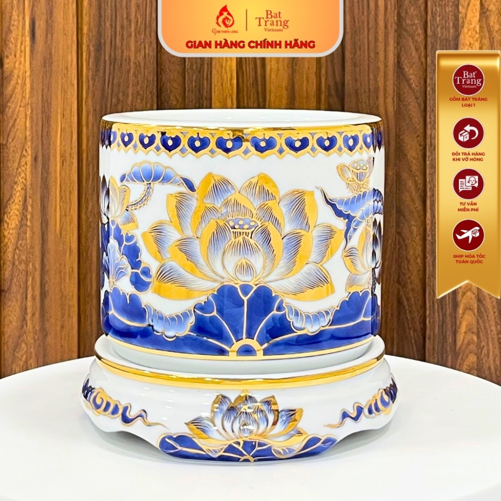 Bộ Bát Hương Vẽ Vàng 24k Men Lam Vẽ Sen Bát Tràng Cao Cấp 241106