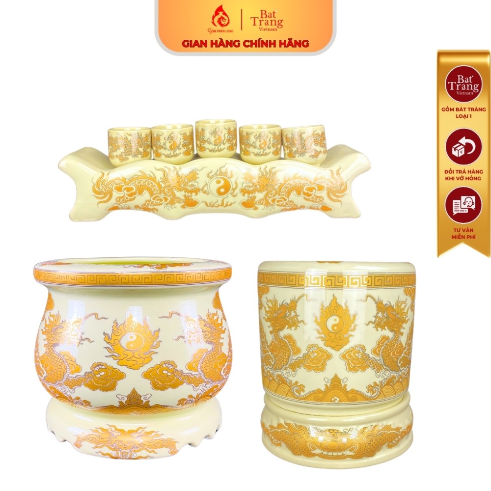 Bộ Đồ Thờ Bát Tràng Men Vàng Kem Vẽ Ánh Kim 241104