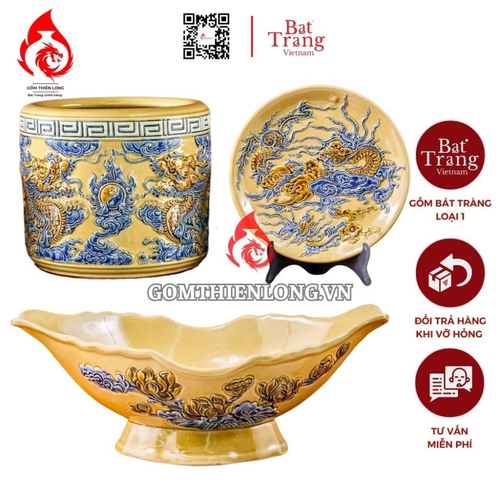 Bộ Đồ Thờ Bát Tràng Màu Vàng Hoàng Tộc Đắp Nổi 231023