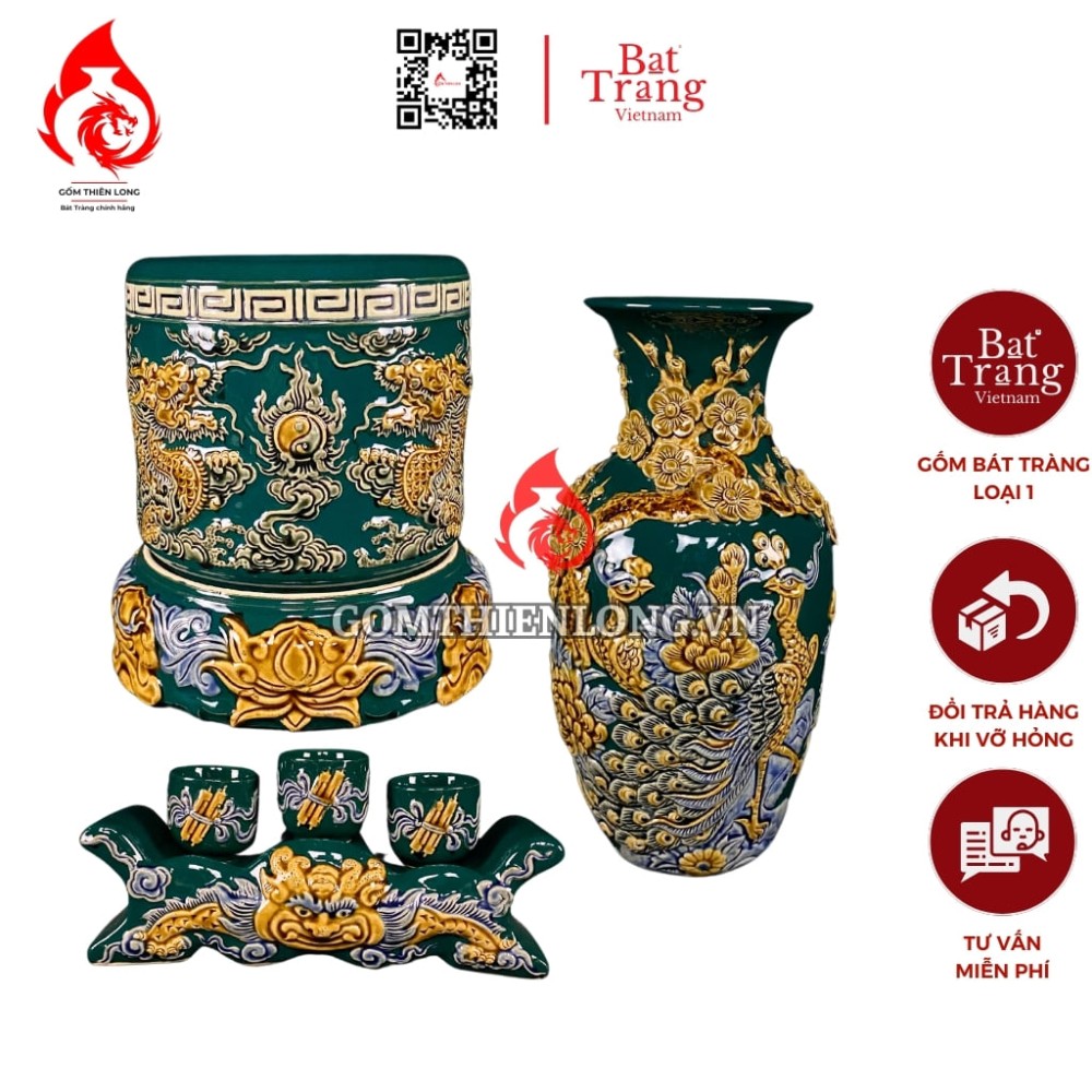 Bộ Đồ Thờ Bát Tràng Màu Xanh Lục Bảo Đắp Nổi 240101