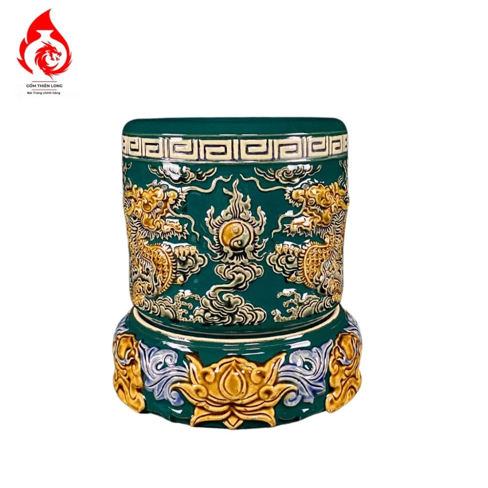 Bộ Đồ Thờ Bát Tràng Màu Xanh Lục Bảo Đắp Nổi 240101