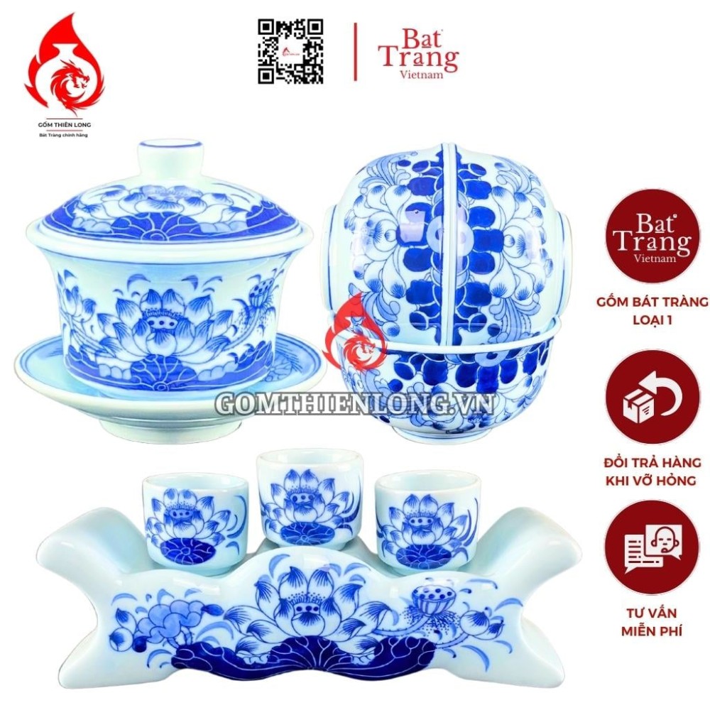 Bộ Đồ Thờ Bát Tràng Men Lam Ngọc Vẽ Hoa Sen 231166