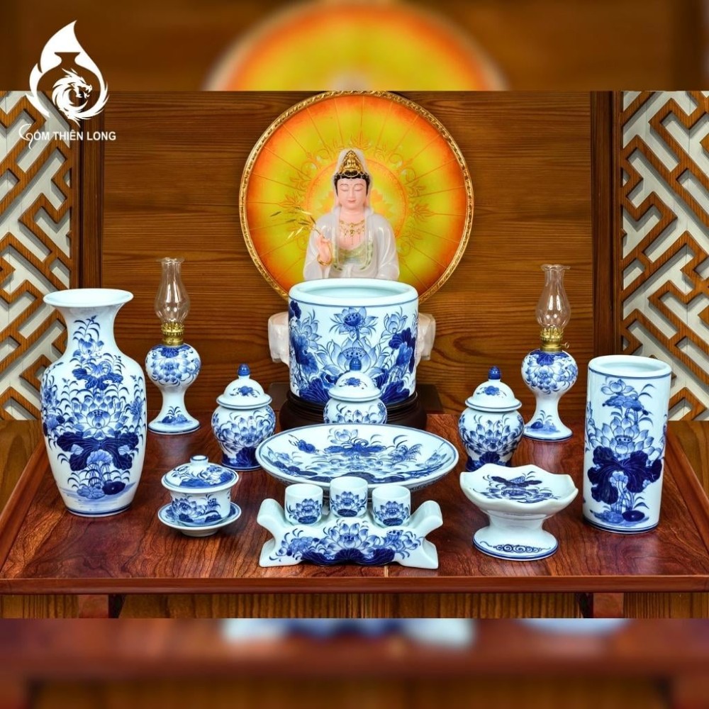 Bộ Đồ Thờ Bát Tràng Men Lam Ngọc Vẽ Hoa Sen 231166