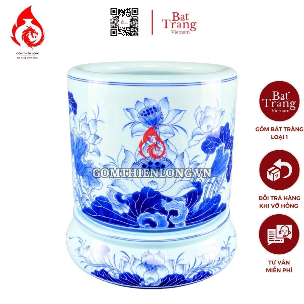 Chân Đế Bát Hương Bằng Sứ Men Lam Ngọc Vẽ Hoa Sen 231219