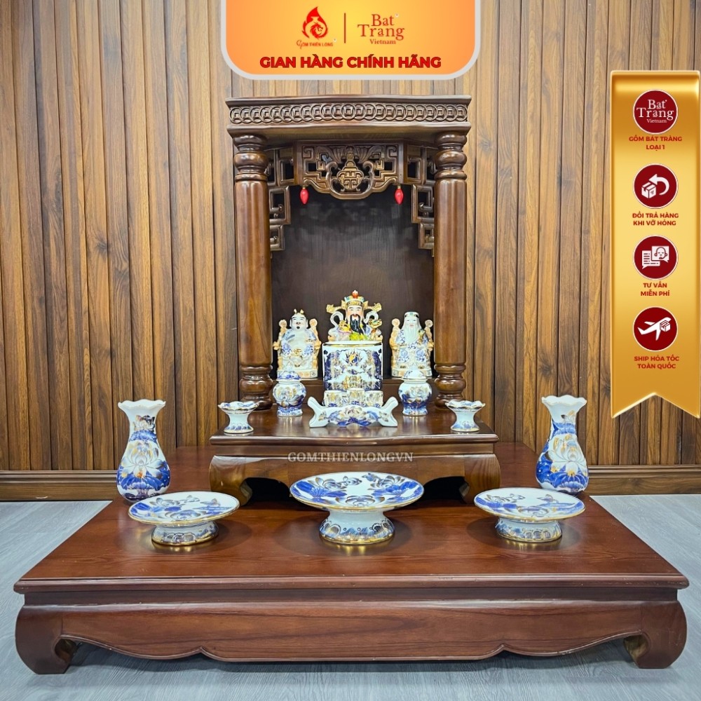 Trọn Bộ Đồ Thờ Thần Tài Vẽ Vàng 24k Men Lam Bát Tràng Cao Cấp 252602