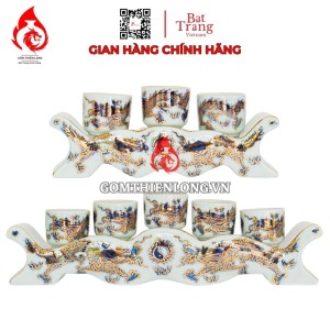 Bộ Kỷ Chén Thờ Men Lam Vẽ Vàng Long Chầu Nguyệt 231048