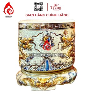 Bát Hương Vẽ Vàng Men Rạn Đắp Nổi Rồng Kèm Đế 231008