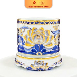 Bộ Bát Hương Vẽ Vàng 24k Men Lam Vẽ Sen Bát Tràng Cao Cấp 241106