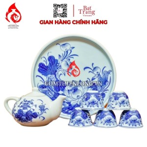 Bộ Ấm Chén Bàn Thờ Men Lam Vẽ Hoa Sen 231140