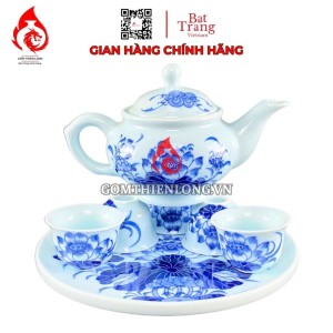 Bộ Ấm Chén Bàn Thờ Men Xanh Lam Ngọc Vẽ Hoa Sen 231131